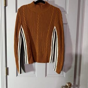 LOFT Brown Cable Knit Sweater with Striped Sleeves